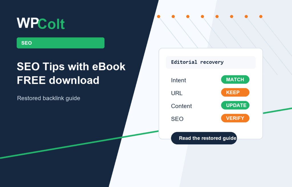 SEO Tips with eBook FREE download - WPColt restored backlink guide image