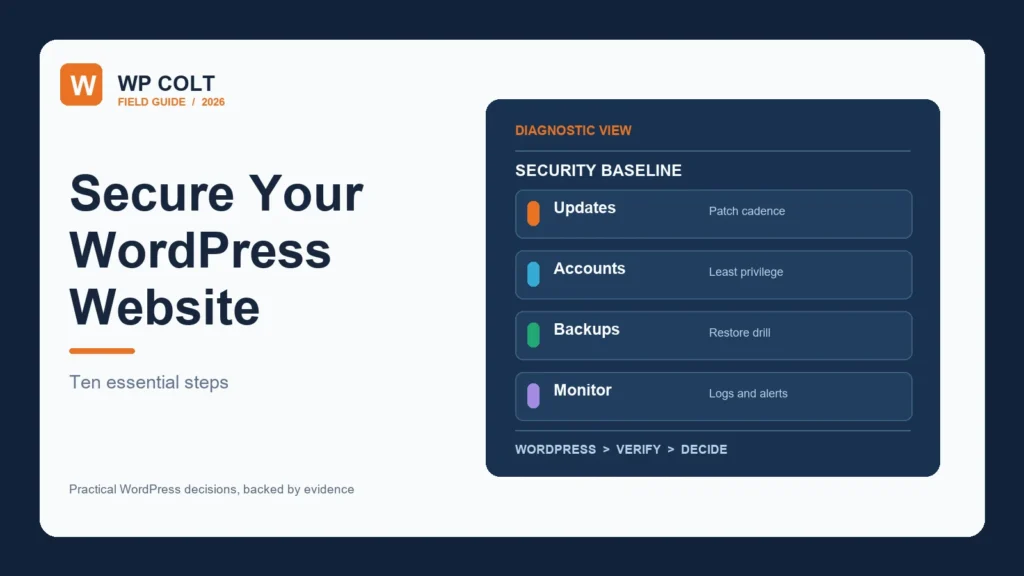 WordPress security baseline for updates, accounts, backups and monitoring
