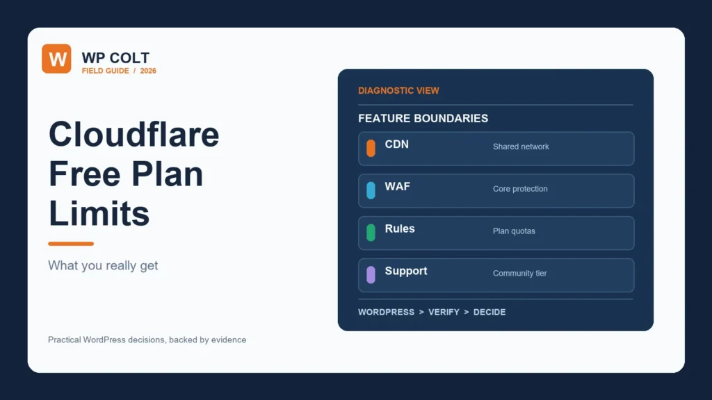 Cloudflare Free Plan boundaries for CDN, WAF, rules and support
