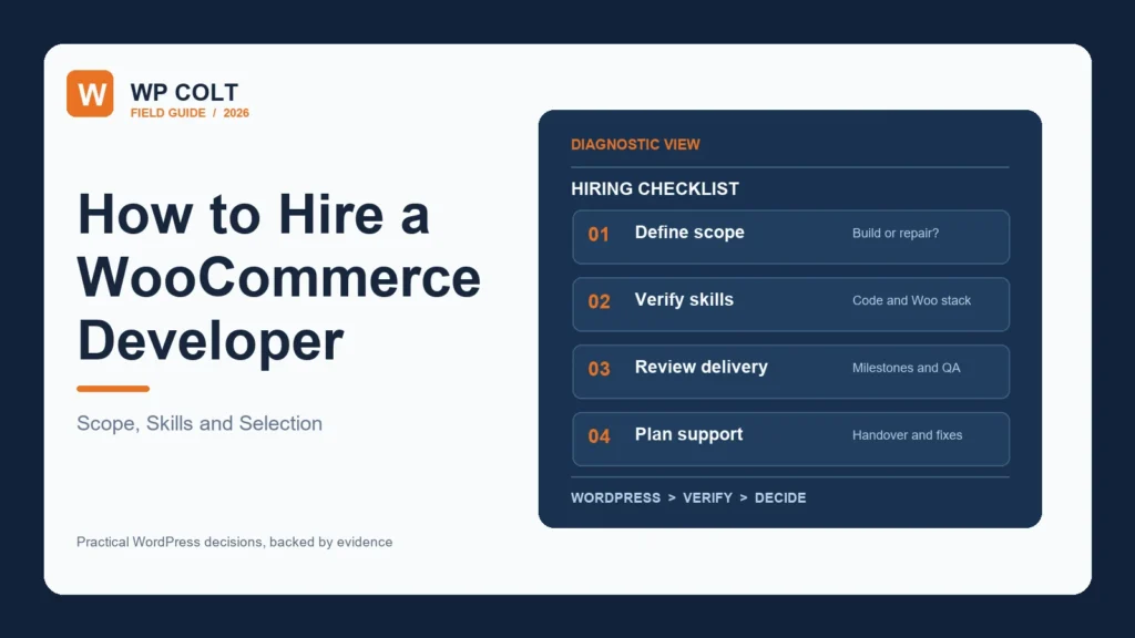 WooCommerce developer hiring checklist for scope, skills, delivery, and support